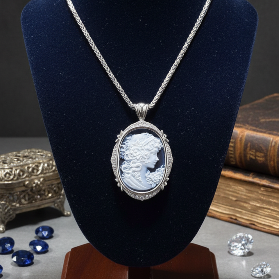 14 AYAR 0,73 CT PIRLANTA TAŞLI ORJİNAL CAMEO KIZI BEYAZ ALTIN KOLYE