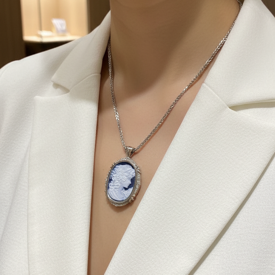 14 AYAR 0,73 CT PIRLANTA TAŞLI ORJİNAL CAMEO KIZI BEYAZ ALTIN KOLYE