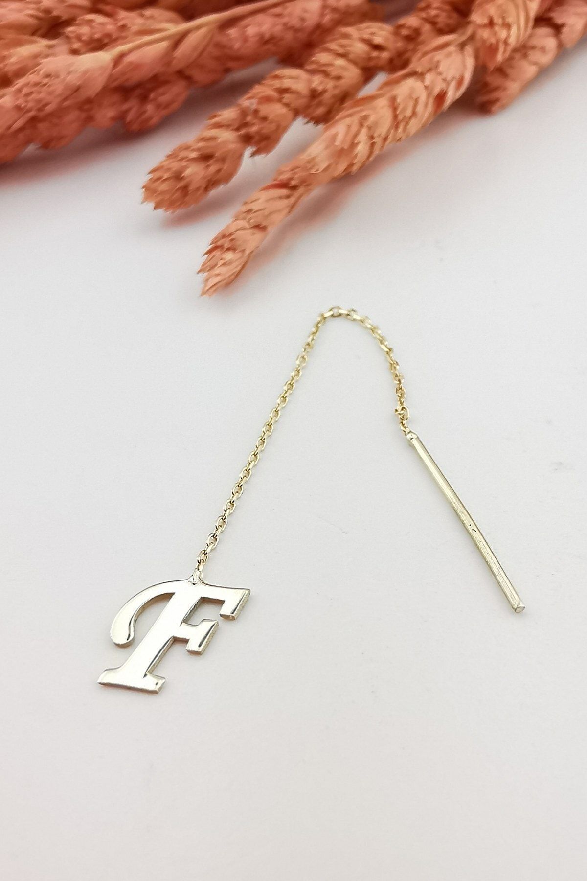 14 Ayar F Harfi Zincir Altın Küpe