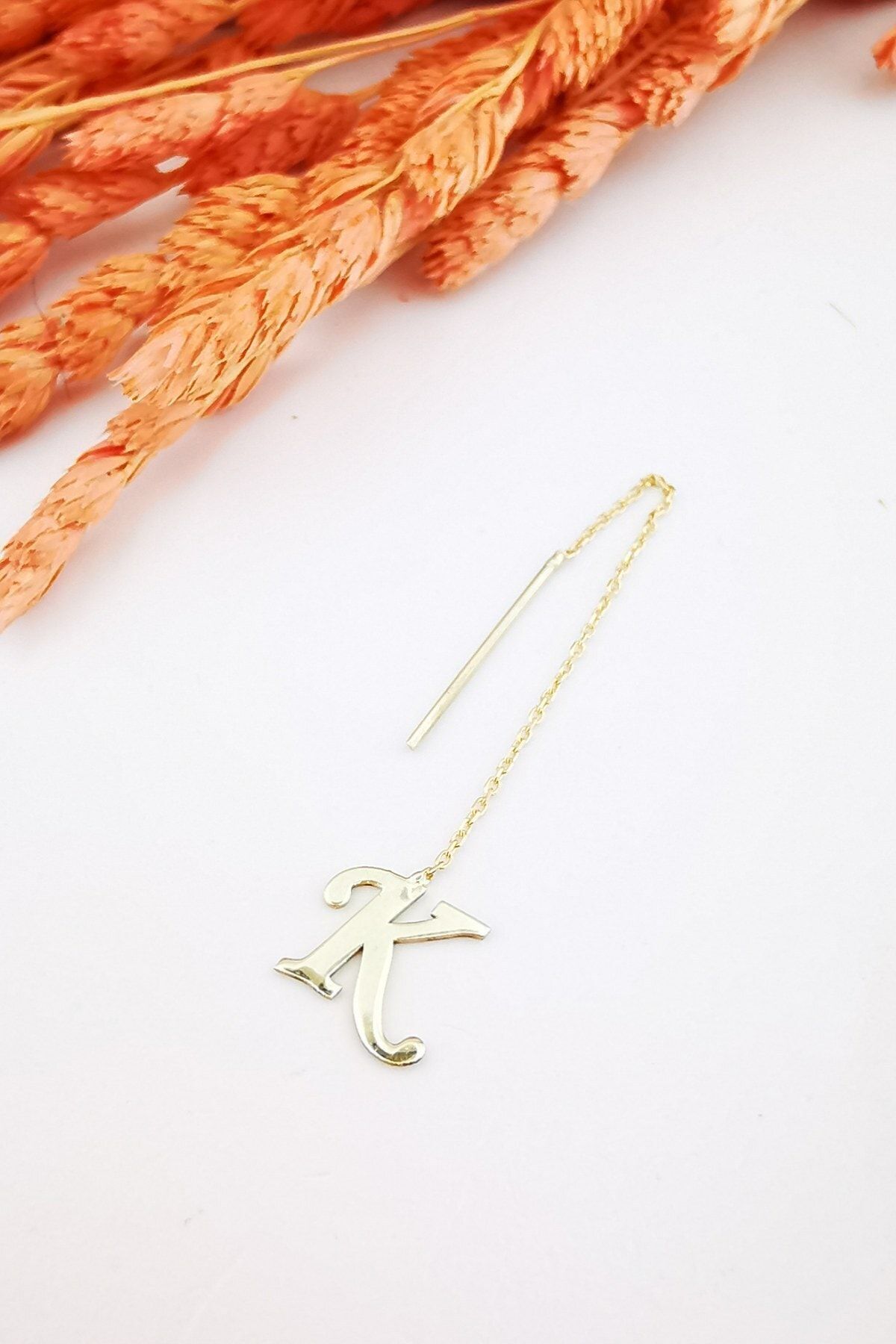 14 Ayar K Harfi Zincir Altın Küpe