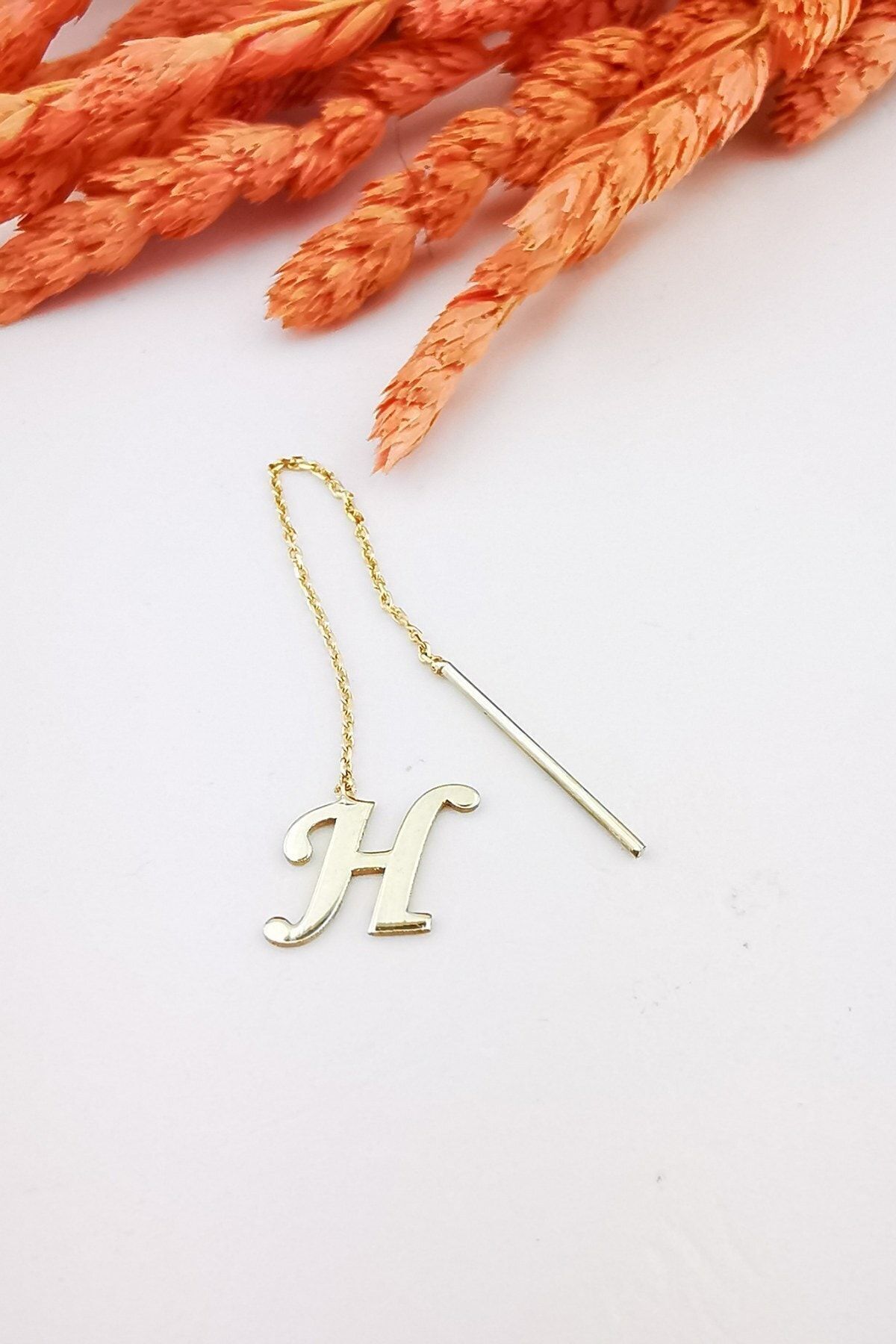 14 Ayar H Harfi Zincir Altın Küpe