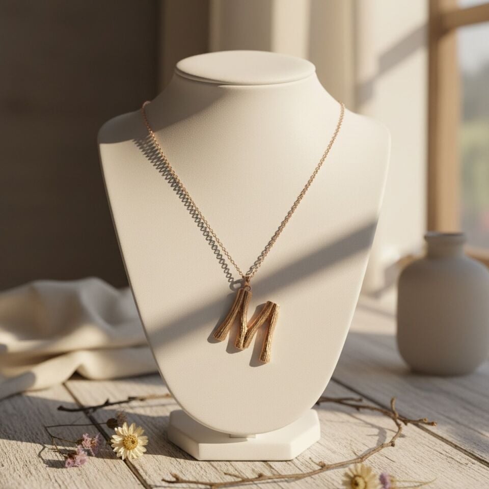 925 AYAR ROSE RENGİ AĞAÇ KABUĞU MODELİ BÜYÜK BOY M HARFİ KOLYE