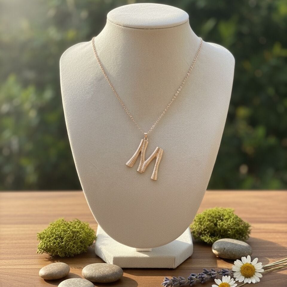 925 AYAR ROSE RENGİ AĞAÇ KABUĞU MODELİ BÜYÜK BOY M HARFİ KOLYE