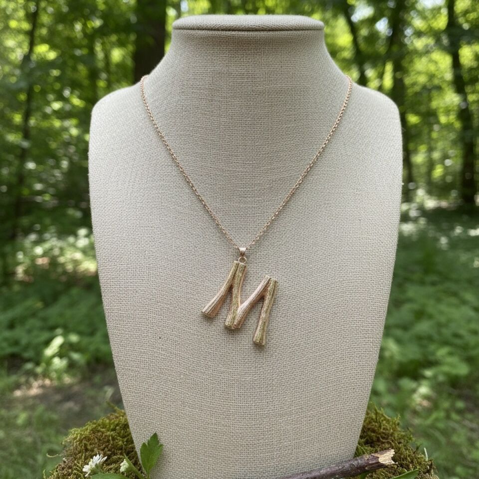 925 AYAR ROSE RENGİ AĞAÇ KABUĞU MODELİ BÜYÜK BOY M HARFİ KOLYE