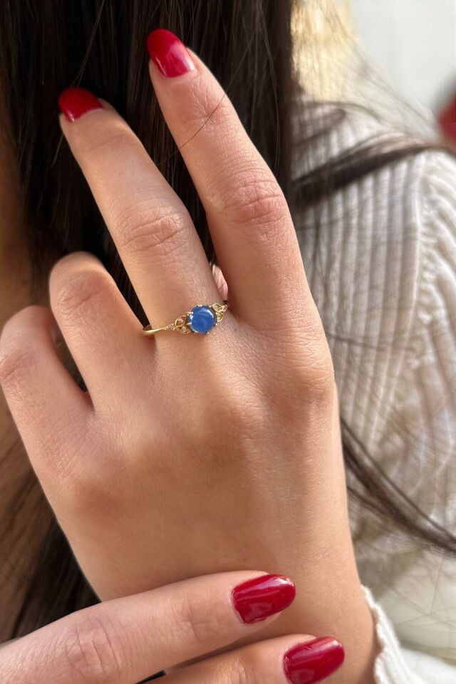 14 Ayar Mavi Agat Taşlı Altın Yüzük 14