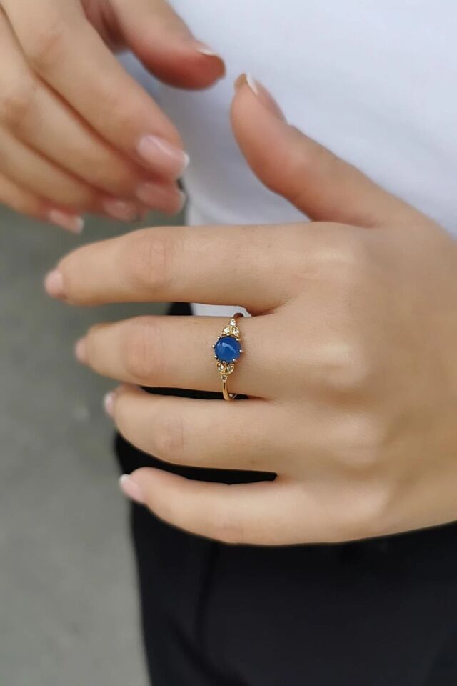 14 Ayar Mavi Agat Taşlı Altın Yüzük 15