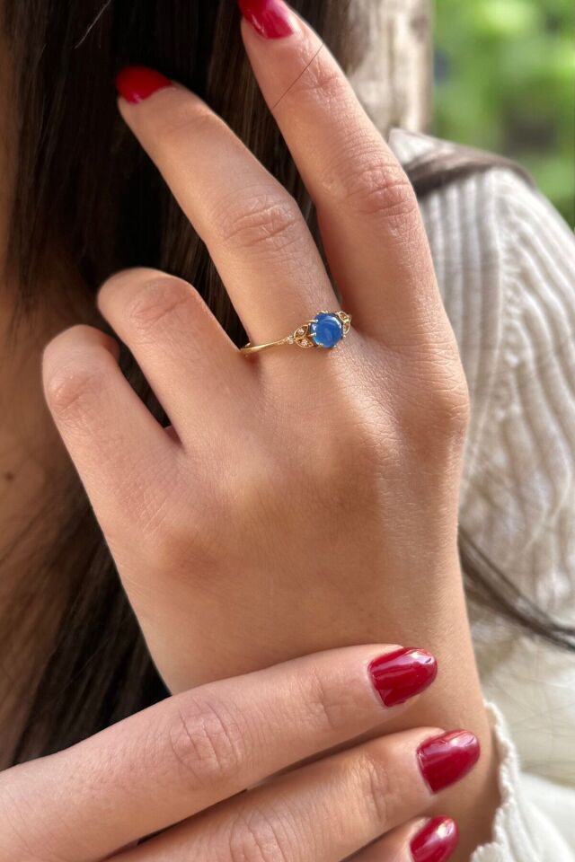 14 Ayar Mavi Agat Taşlı Altın Yüzük 16