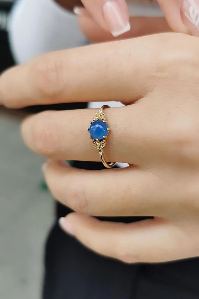 14 Ayar Mavi Agat Taşlı Altın Yüzük 17