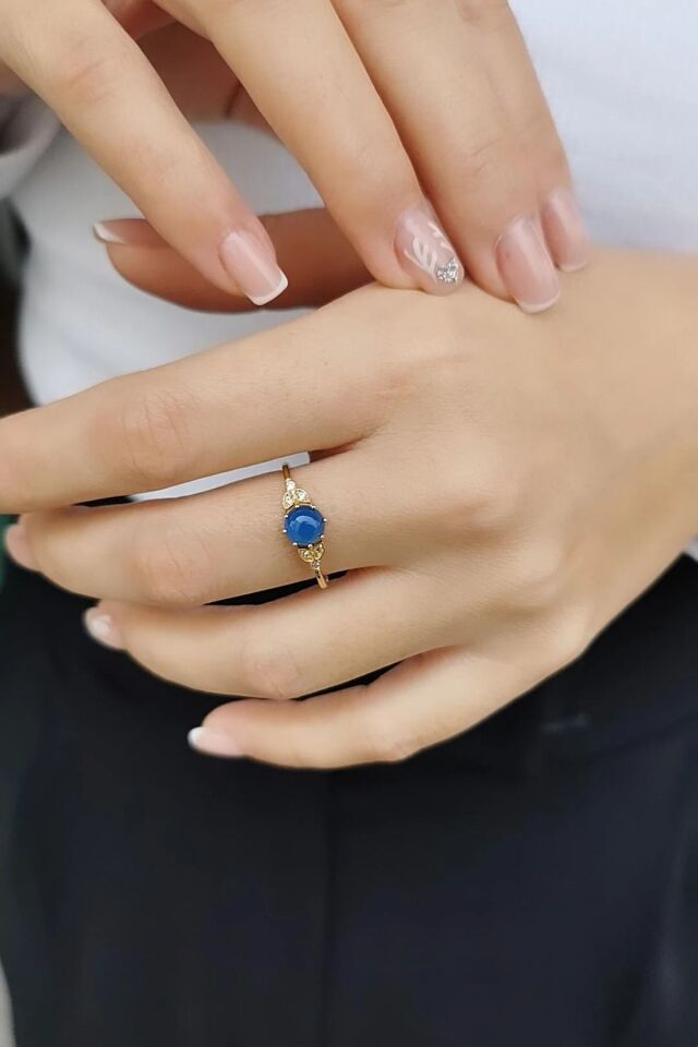 14 Ayar Mavi Agat Taşlı Altın Yüzük 17
