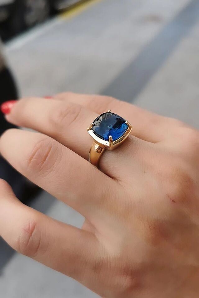 14 Ayar Mavi London Blue Taşlı İthal Yüzük 16