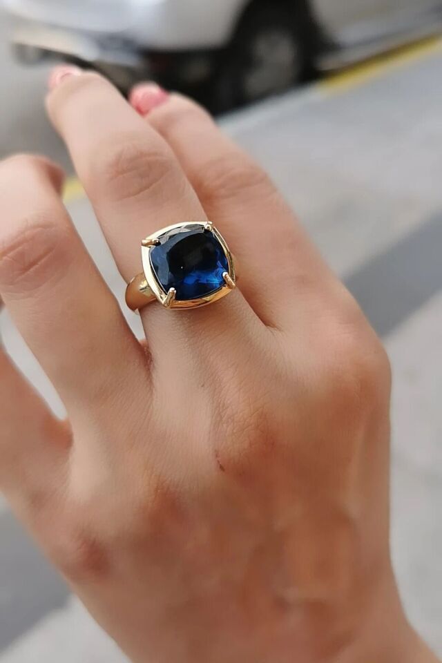 14 Ayar Mavi London Blue Taşlı İthal Yüzük 16
