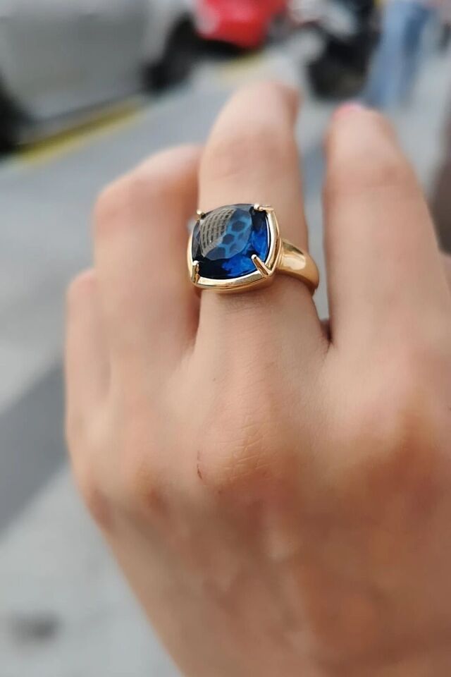 14 Ayar Mavi London Blue Taşlı İthal Yüzük 16