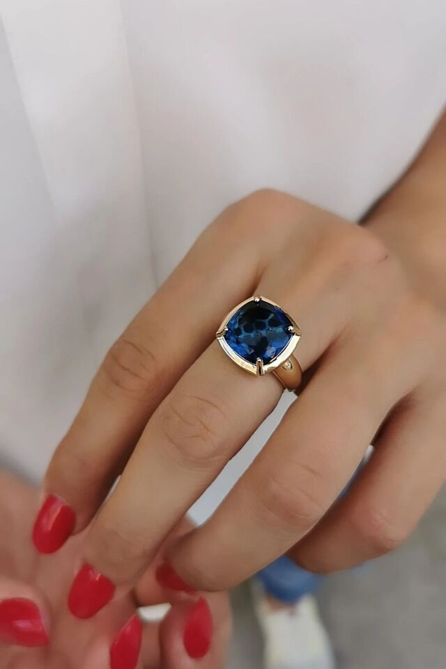 14 Ayar Mavi London Blue Taşlı İthal Yüzük 17