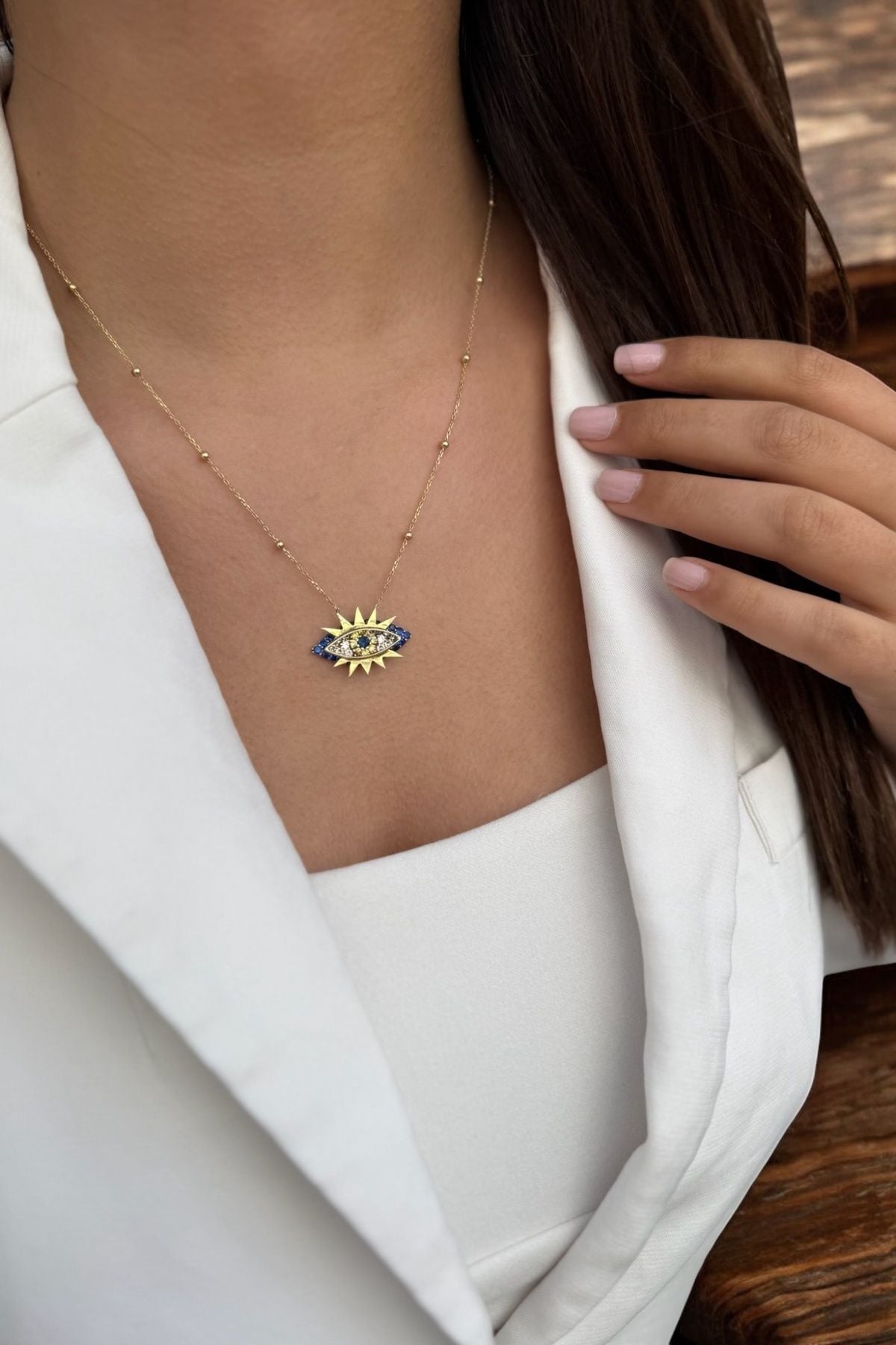 14 Ayar Kirpikli Göz Nazar Boncuklu Altın Kolye