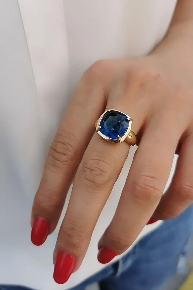 14 Ayar Mavi London Blue Taşlı İthal Yüzük 19