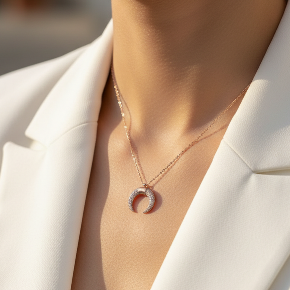 925 AYAR ROSE RENGİ HİLAL MODELİ ŞIK KOLYE