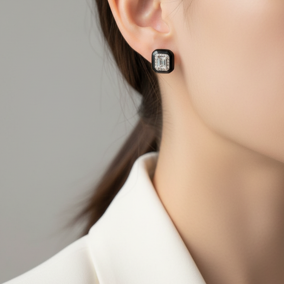 925 AYAR İTALYAN SİYAH MİNELİ BAGET TAŞLI KÜPE