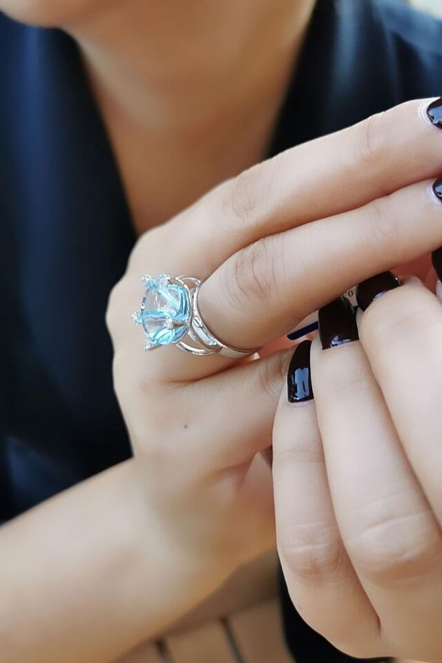 14 Ayar 13,38 Ct Aqua Marin, 0,10 Ct G Pırlanta Taşlı Pırlanta Yüzük 20