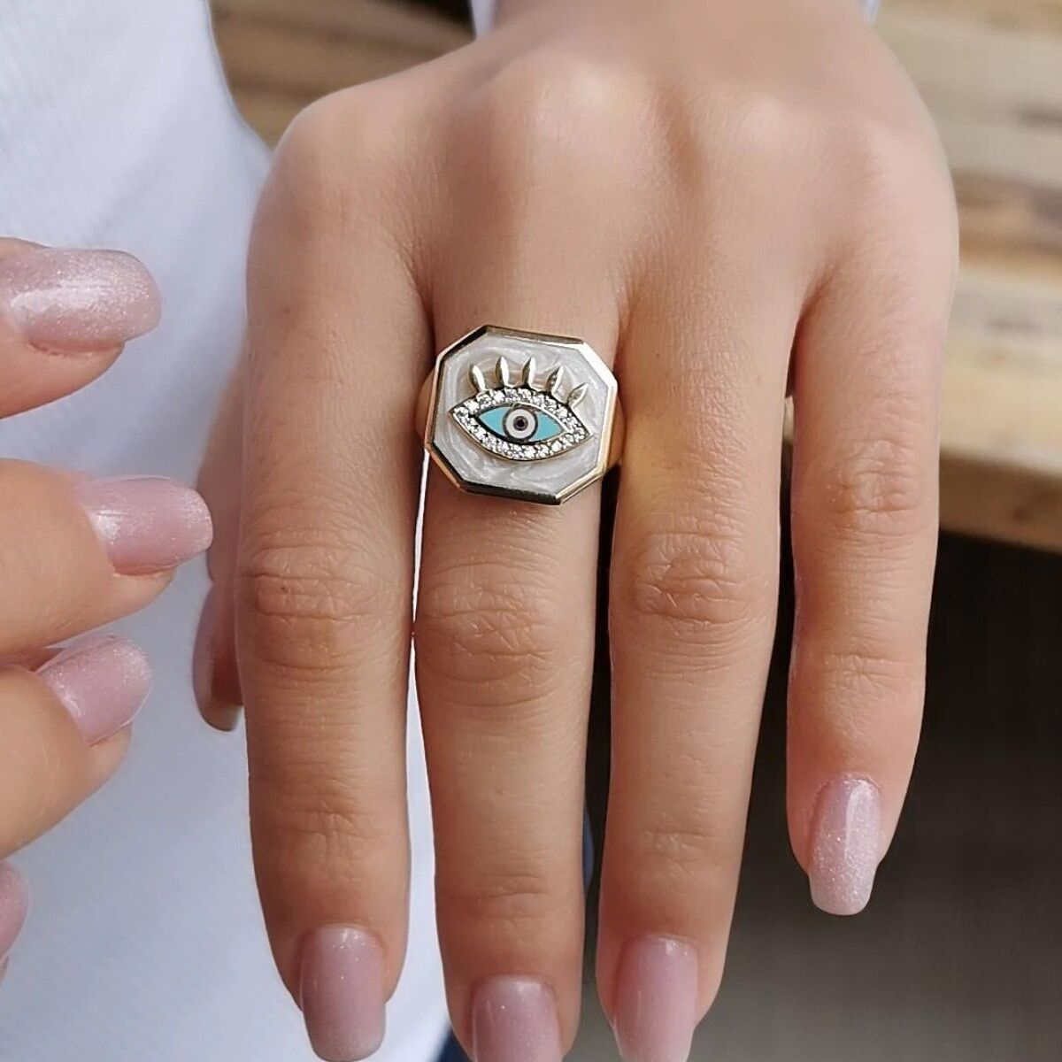 14 AYAR İTALYAN BEYAZ SEDEFLİ GÖZ MİNELİ ÖZEL TASARIM ALTIN YÜZÜK