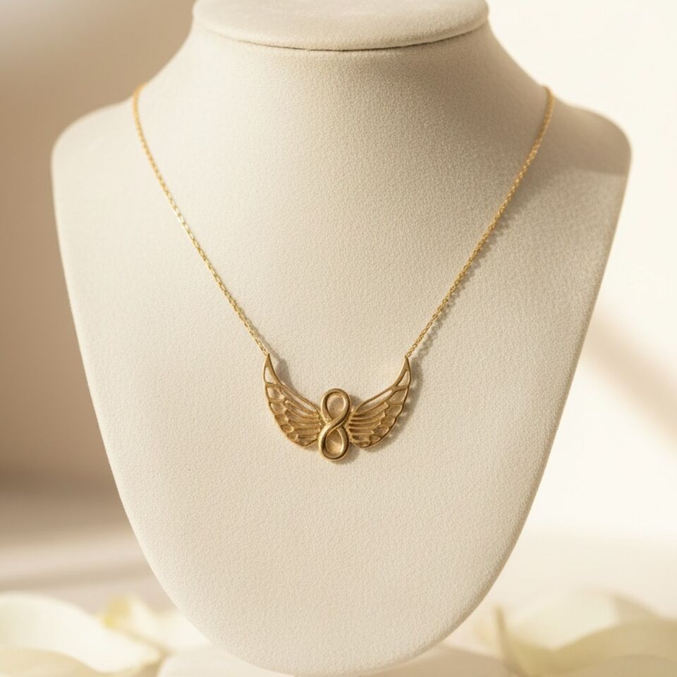 14 AYAR SONSUZLUK VE MELEK FİGÜRLÜ ALTIN KOLYE