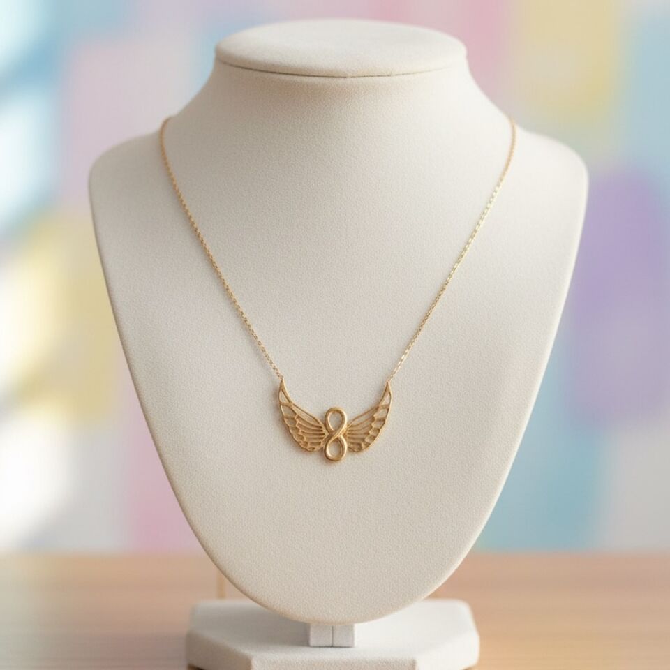 14 AYAR SONSUZLUK VE MELEK FİGÜRLÜ ALTIN KOLYE