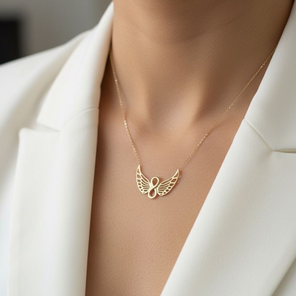 14 AYAR SONSUZLUK VE MELEK FİGÜRLÜ ALTIN KOLYE