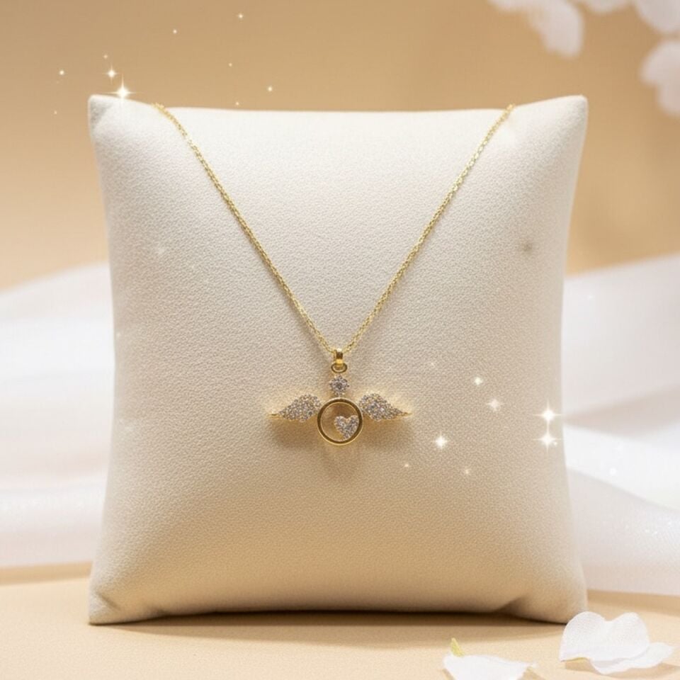 14 AYAR ÖZEL TASARIM MELEK KANATLI KALP ALTIN KOLYE