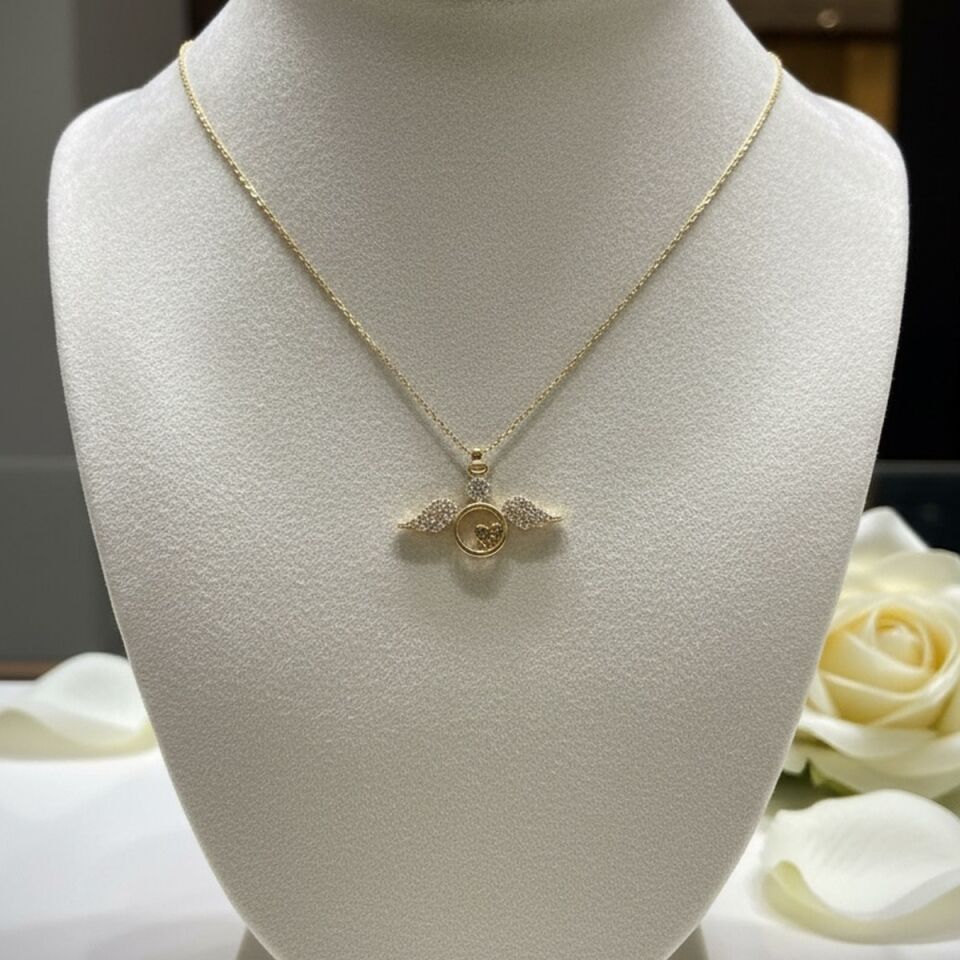 14 AYAR ÖZEL TASARIM MELEK KANATLI KALP ALTIN KOLYE