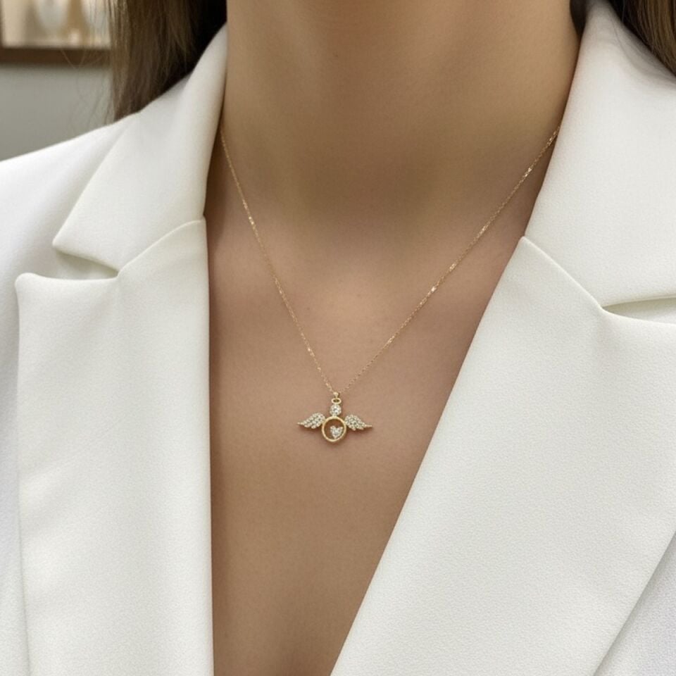 14 AYAR ÖZEL TASARIM MELEK KANATLI KALP ALTIN KOLYE