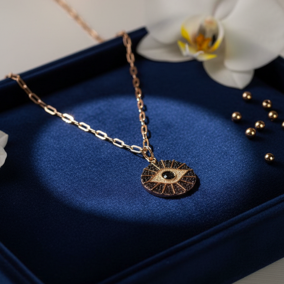 925 AYAR ROSE RENGİ GÖZ GÜMÜŞ MADALYON KOLYE