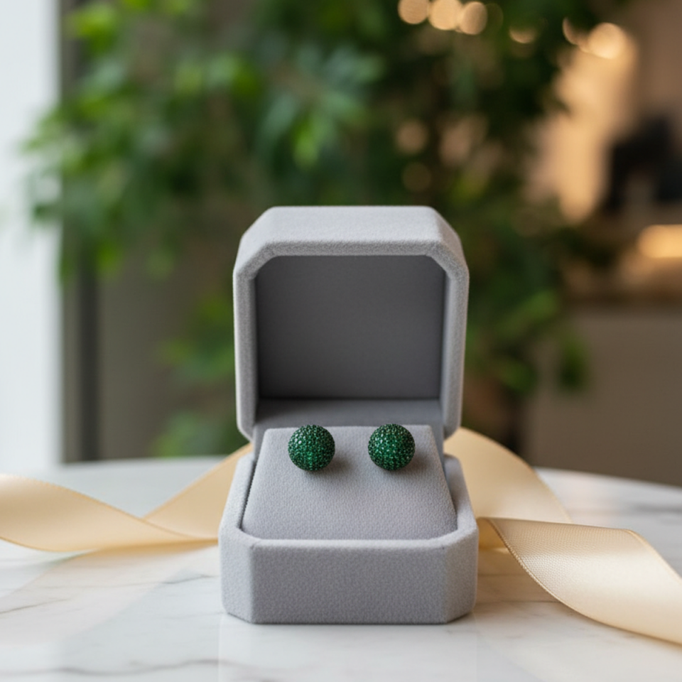 925 AYAR ROSE RENGİ YEŞİL TAŞLI TOP KÜPE