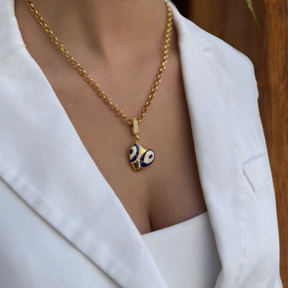 22 AYAR ÖZEL TASARIM KİLİTLİ BOMBE MİNELİ KALP ALTIN KOLYE