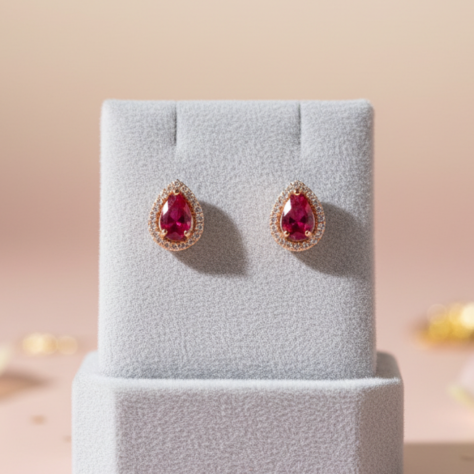 925 AYAR ROSE RENGİ BORDO DAMLA TAŞLI KÜPE