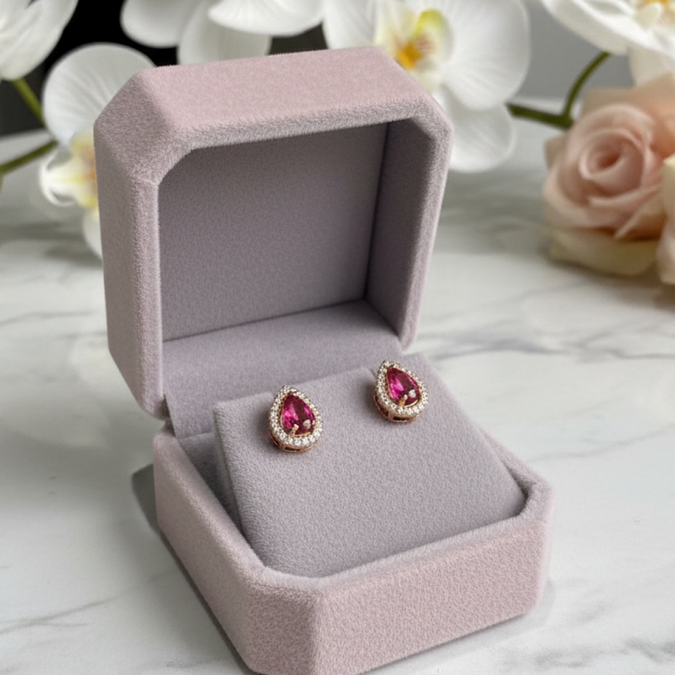 925 AYAR ROSE RENGİ BORDO DAMLA TAŞLI KÜPE