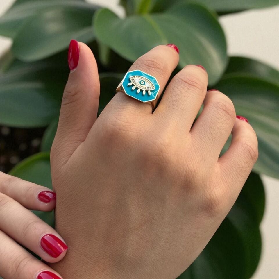 14 AYAR TURKUAZ MİNELİ GÖZ TASARIM ALTIN YÜZÜK