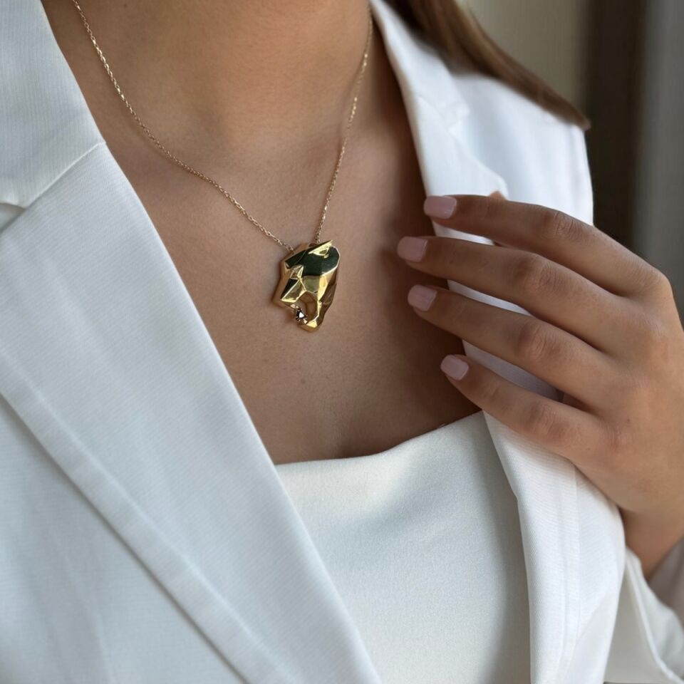 14 Ayar Pırlanta Taşlı İtalyan Panter Özel Tasarım Altın Kolye