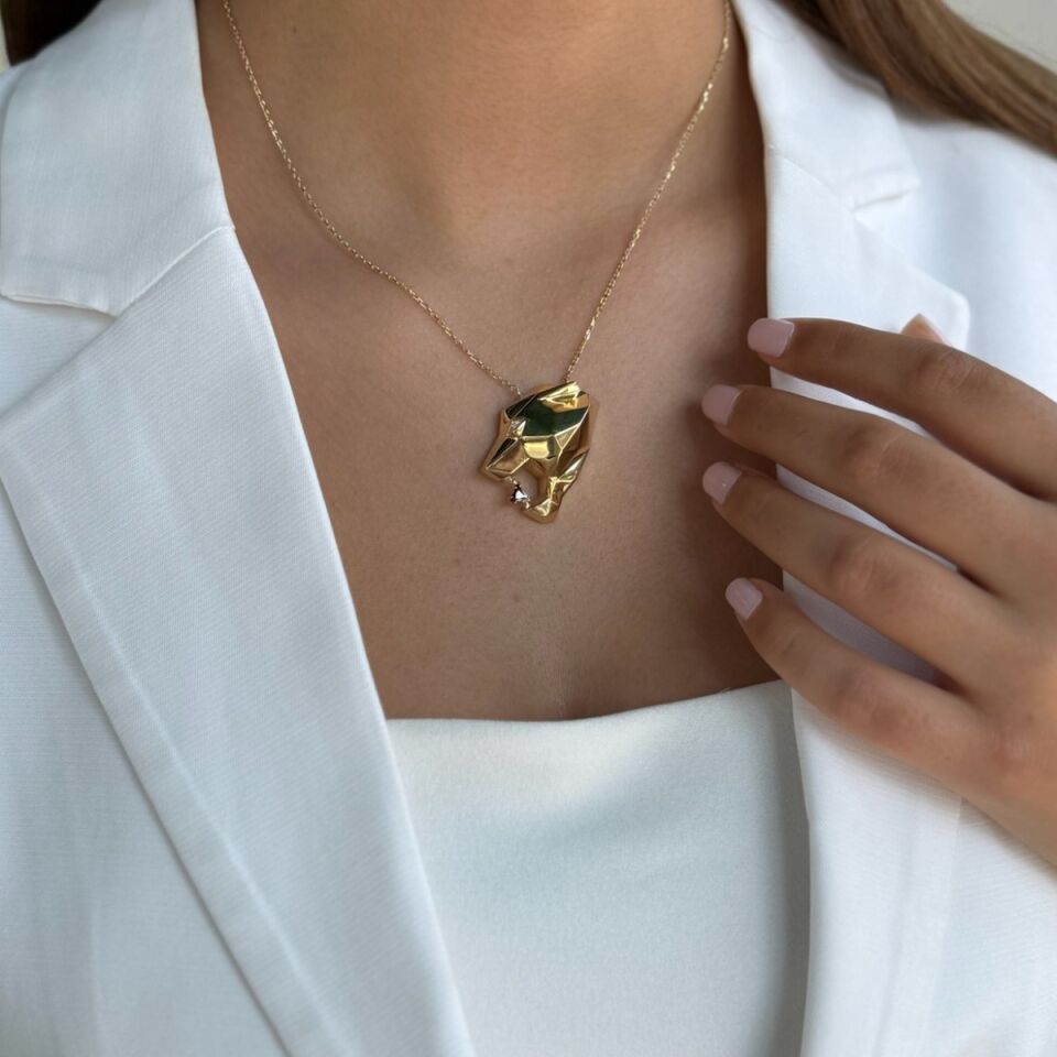 14 Ayar Pırlanta Taşlı İtalyan Panter Özel Tasarım Altın Kolye