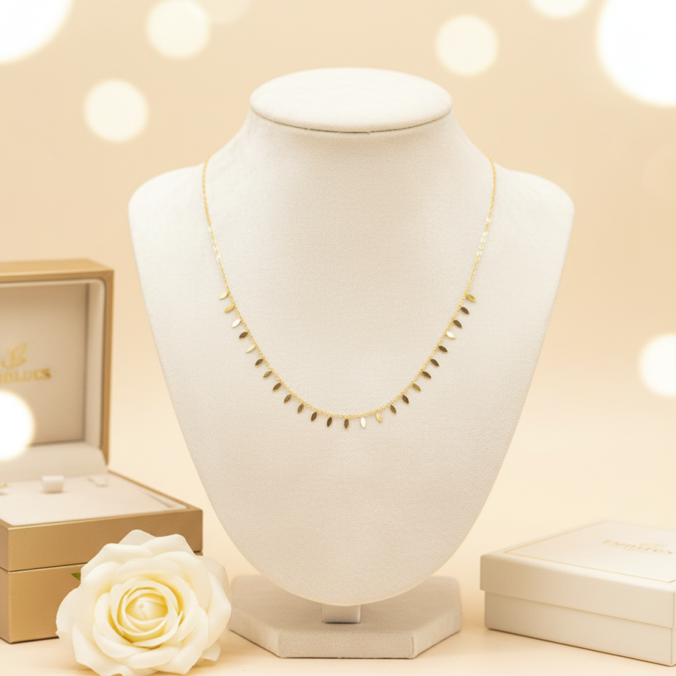 14 AYAR YAPRAK PULLU ZARİF ALTIN KOLYE