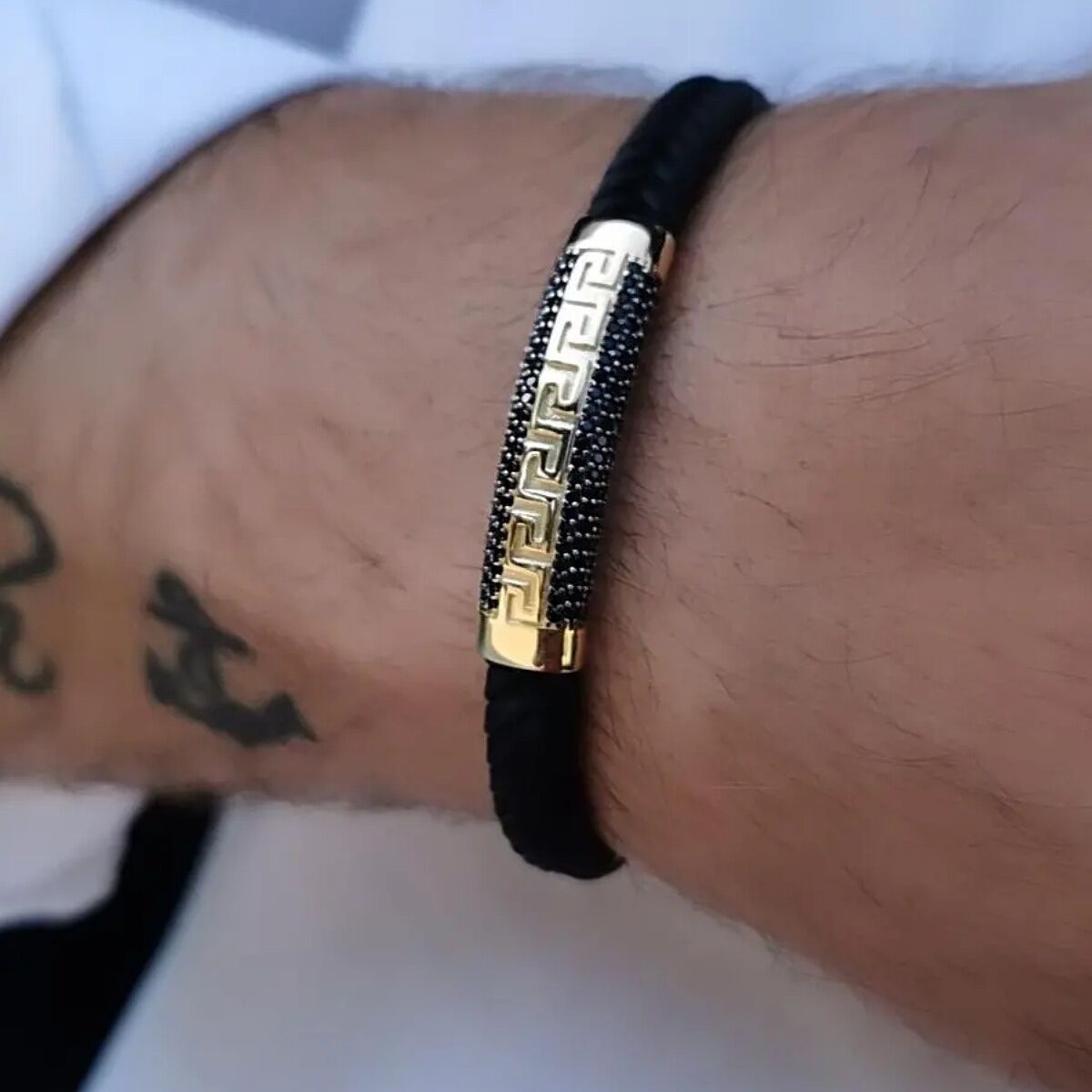 14 Ayar GREK Desen Özel Tasarım İtalyan Siyah Kauçuk Altın Bileklik