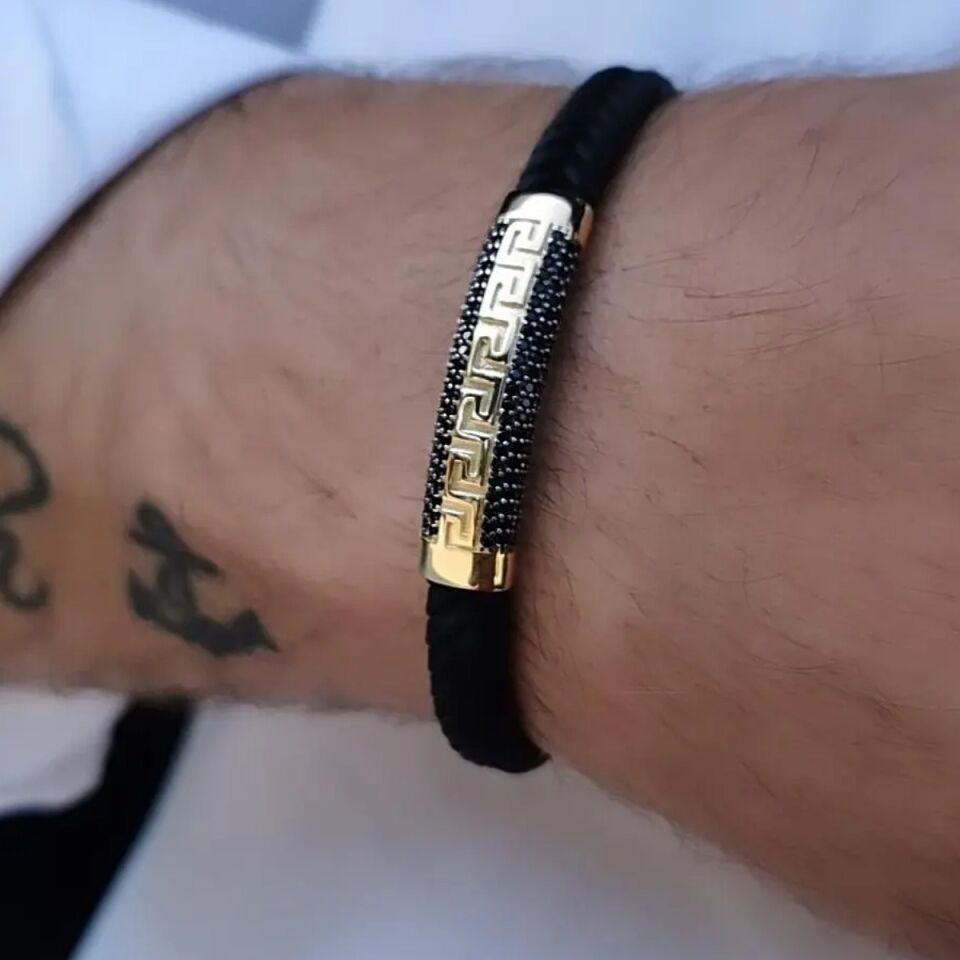 14 Ayar GREK Desen Özel Tasarım İtalyan Siyah Kauçuk Altın Bileklik