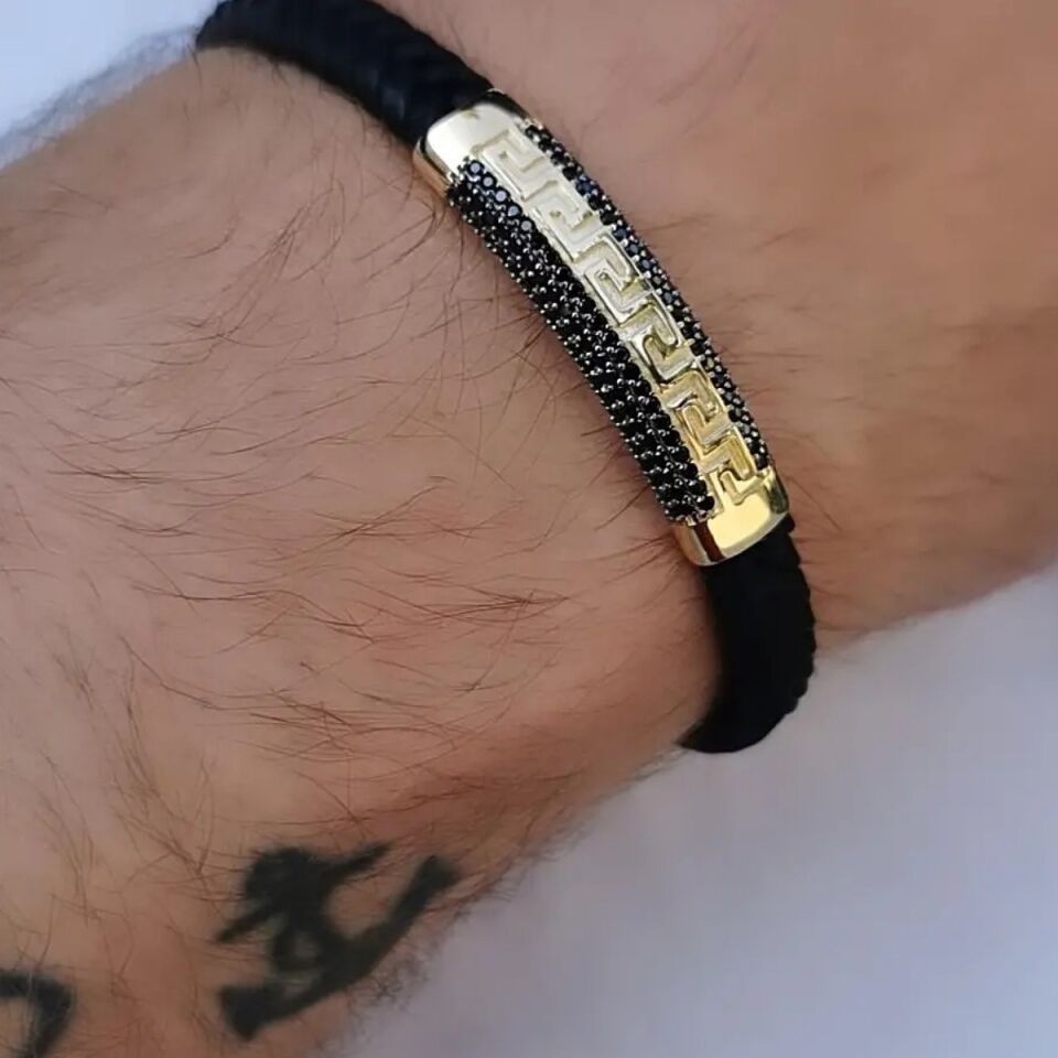 14 Ayar GREK Desen Özel Tasarım İtalyan Siyah Kauçuk Altın Bileklik