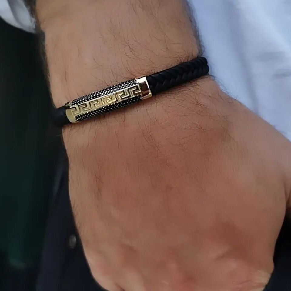 14 Ayar GREK Desen Özel Tasarım İtalyan Siyah Kauçuk Altın Bileklik