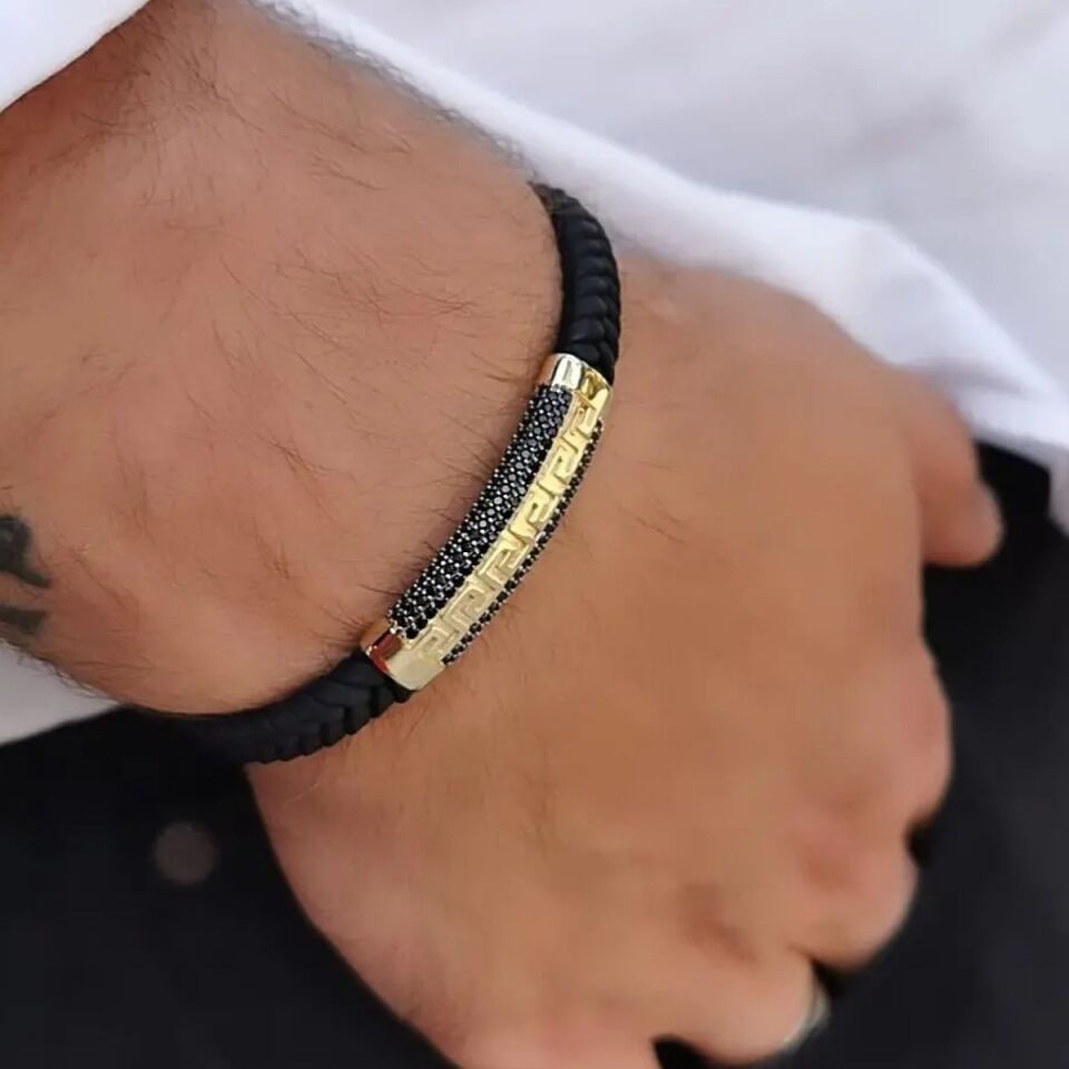 14 Ayar GREK Desen Özel Tasarım İtalyan Siyah Kauçuk Altın Bileklik