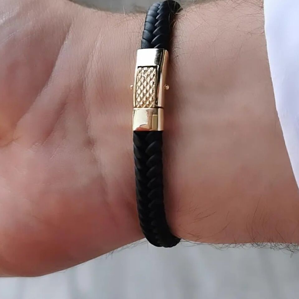 14 Ayar GREK Desen Özel Tasarım İtalyan Siyah Kauçuk Altın Bileklik