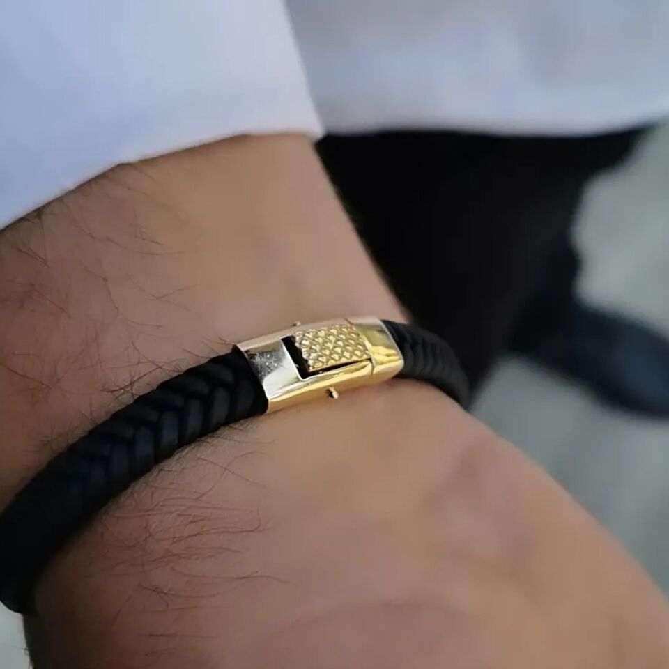 14 Ayar GREK Desen Özel Tasarım İtalyan Siyah Kauçuk Altın Bileklik