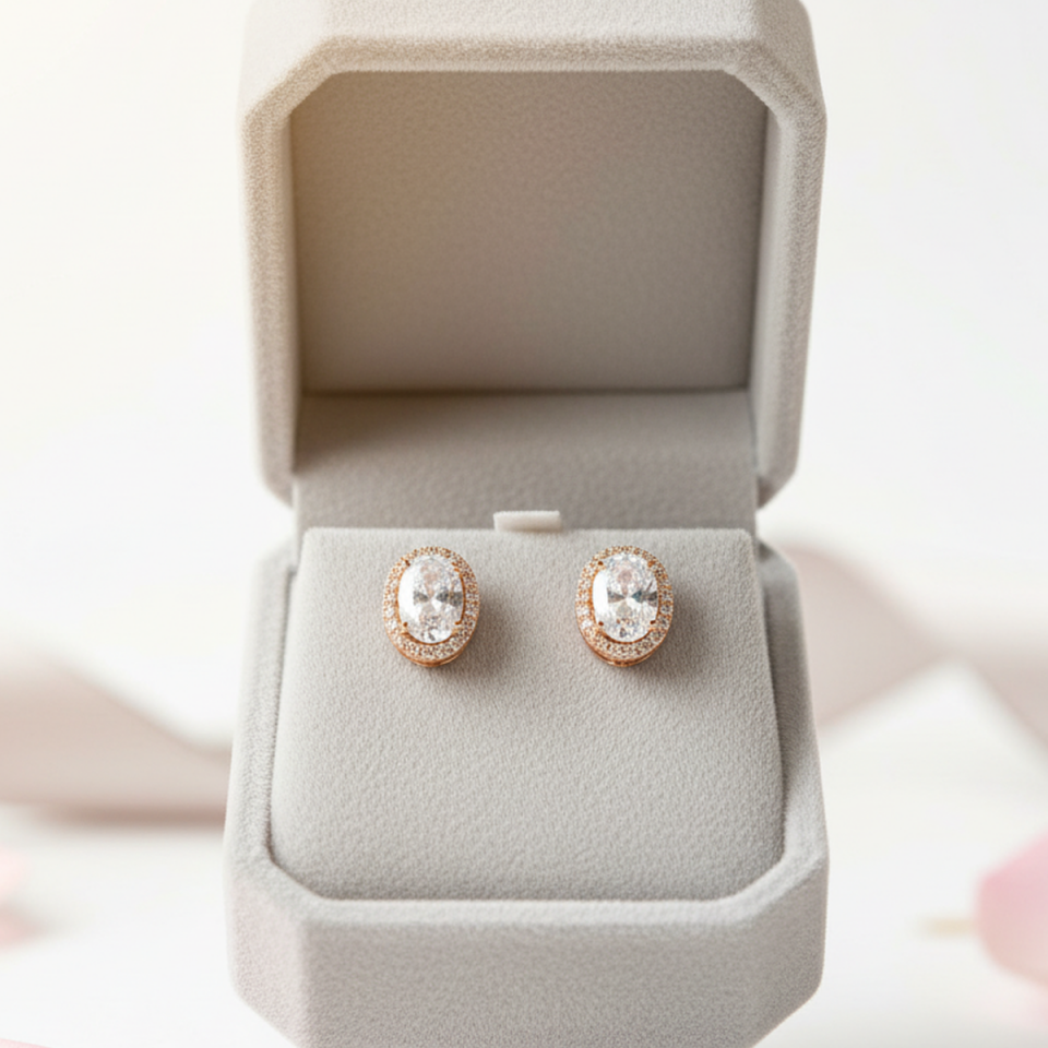 925 AYAR ROSE RENGİ OVAL TAŞLI KÜPE