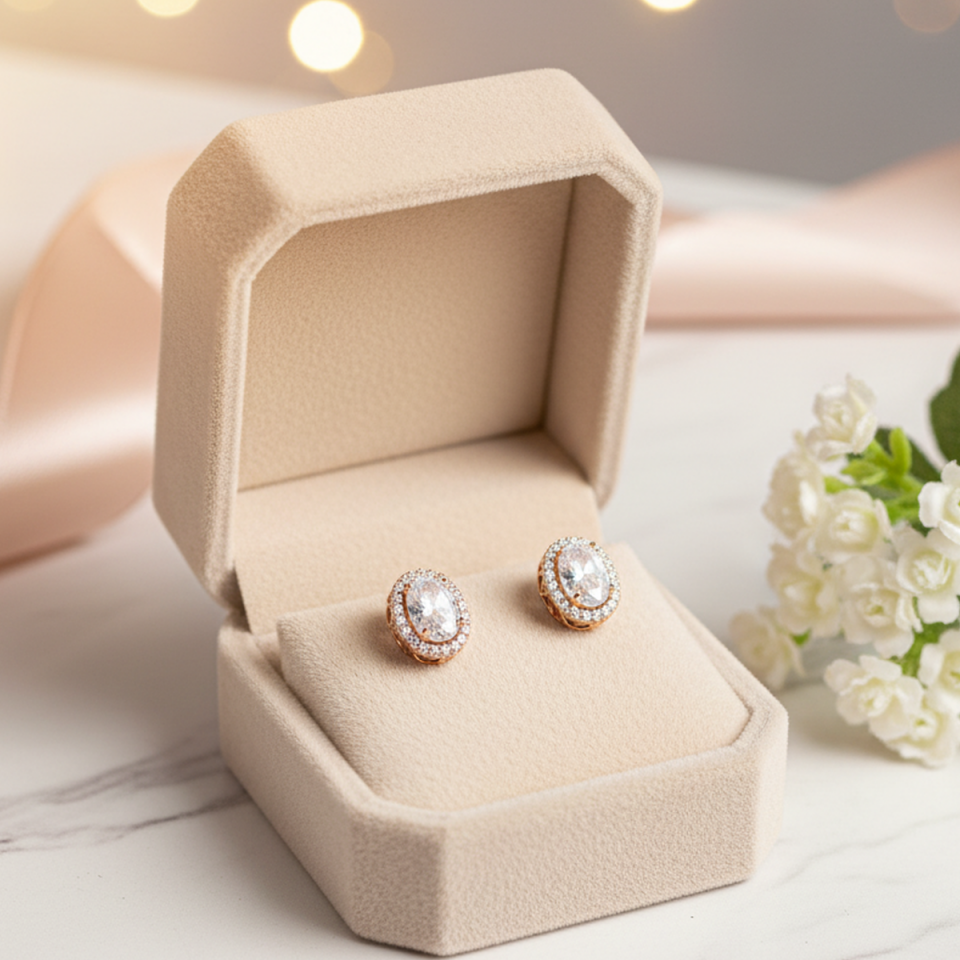 925 AYAR ROSE RENGİ OVAL TAŞLI KÜPE