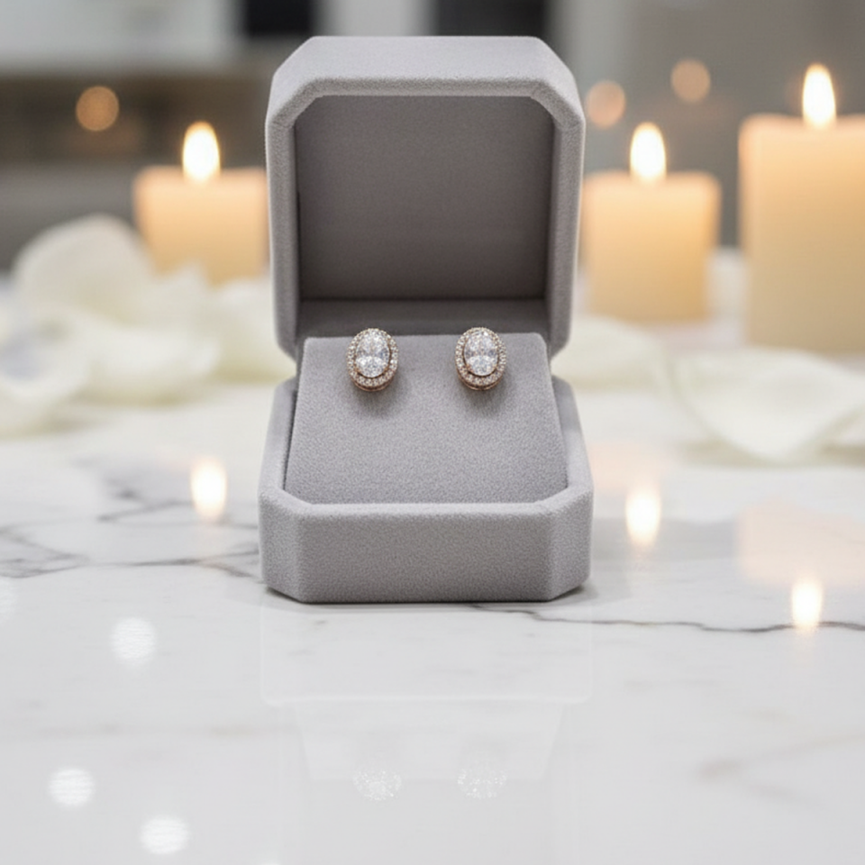 925 AYAR ROSE RENGİ OVAL TAŞLI KÜPE