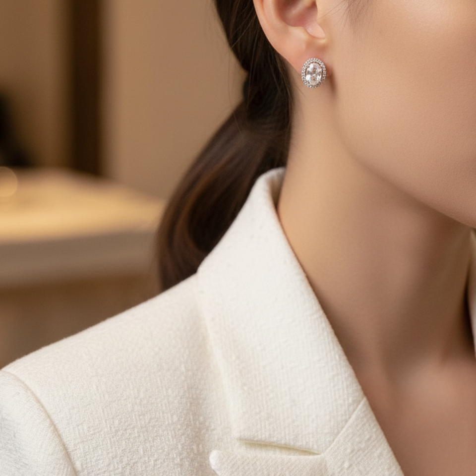 925 AYAR ROSE RENGİ OVAL TAŞLI KÜPE