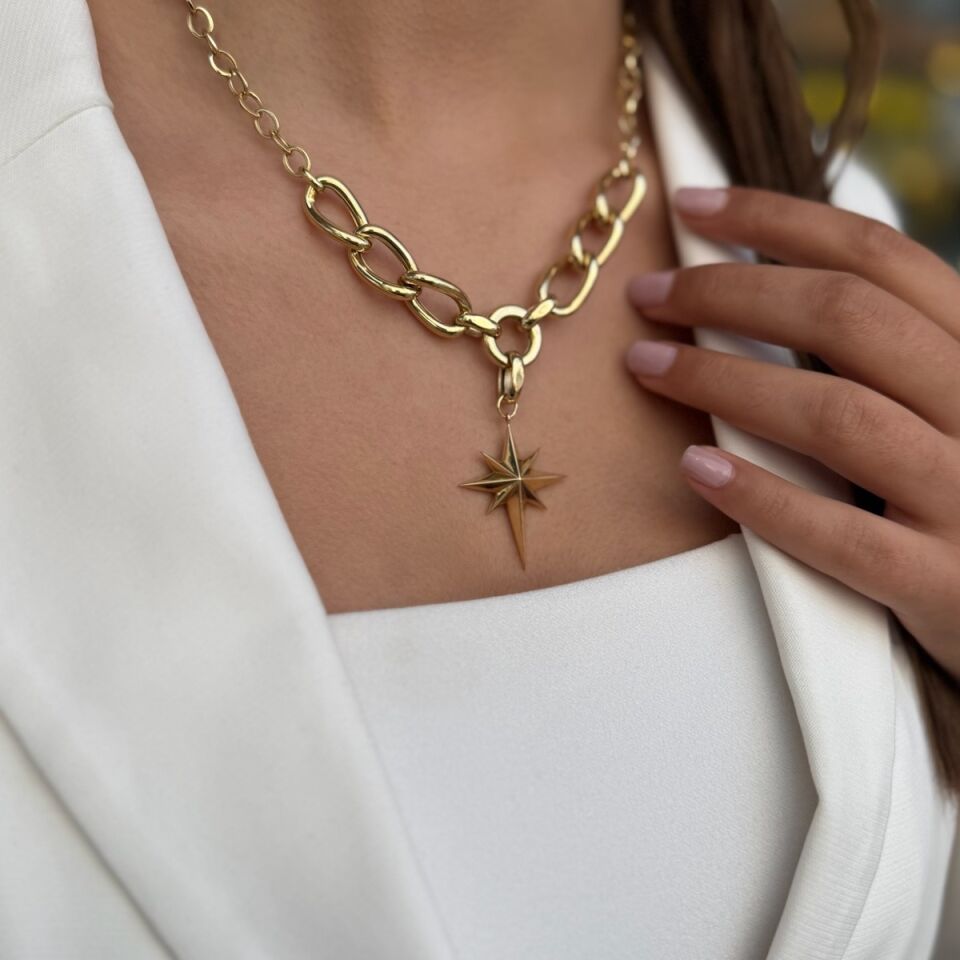 14 AYAR ÖZEL TASARIM ZİNCİRLİ KUTUP YILDIZI ALTIN KOLYE